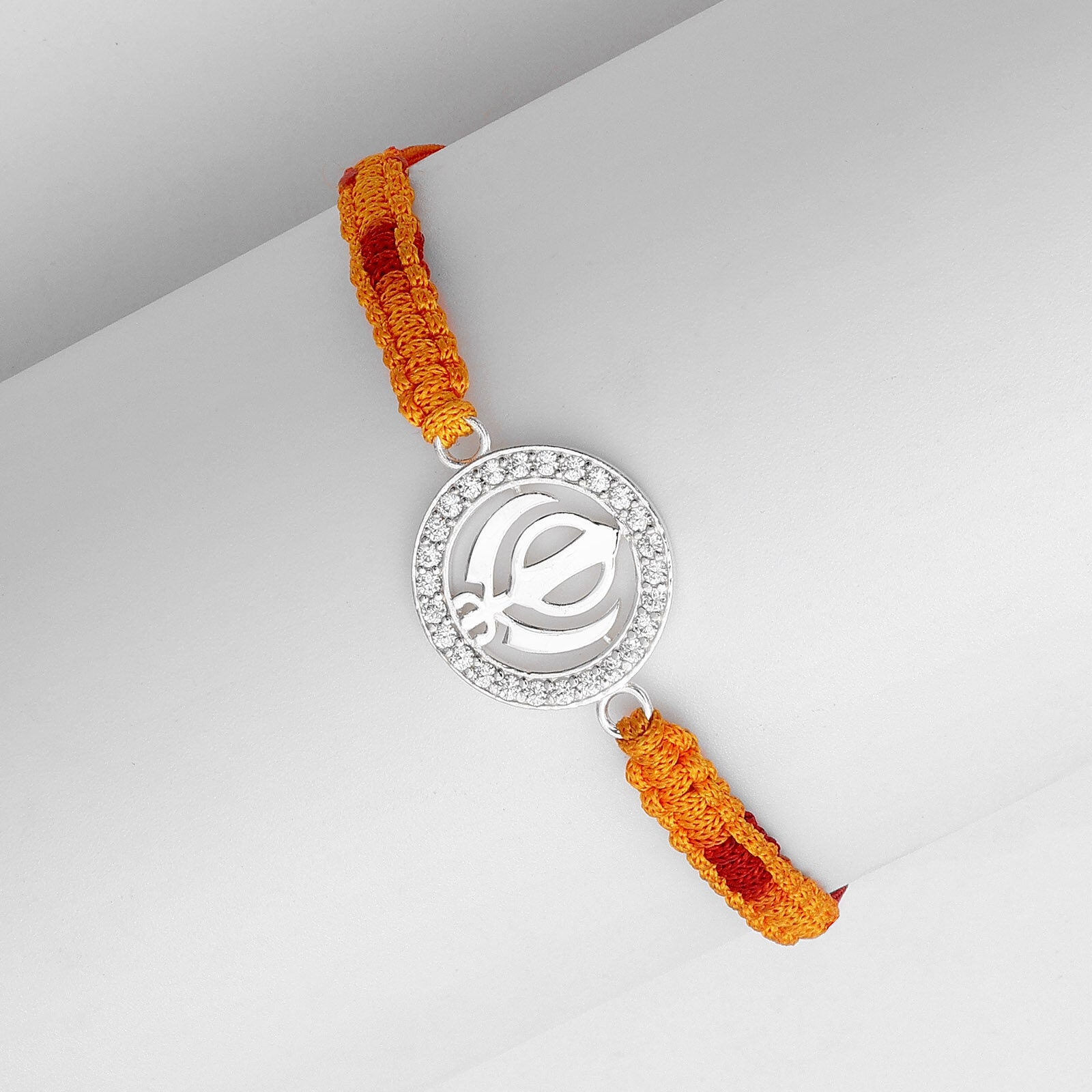 Pure Silver Rakhi - Sleek Sikh Khanda on Multicolour Thread. - Tweov Jewels