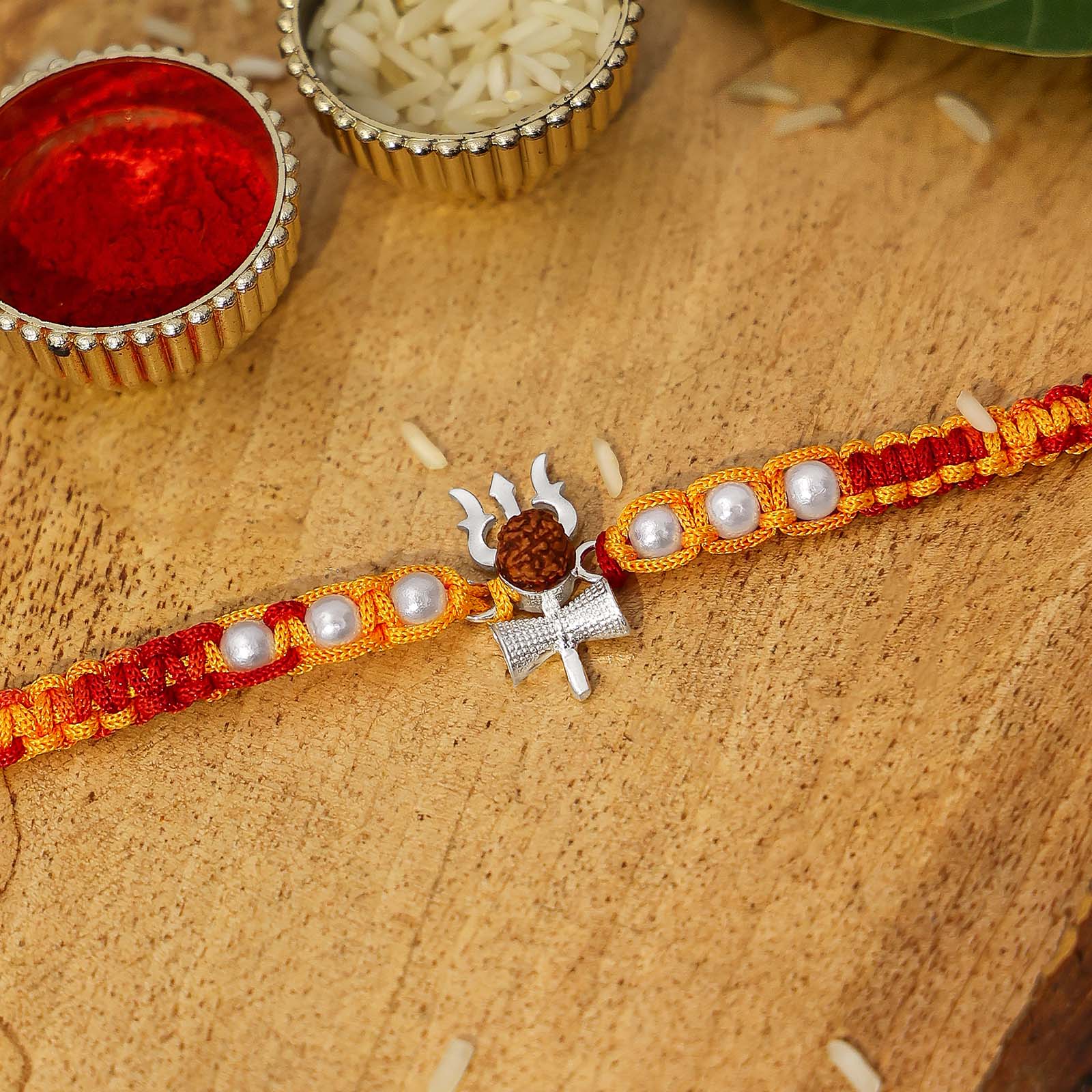 Spiritual Rudraksh Trishul Silver Rakhi - Tweov Jewels