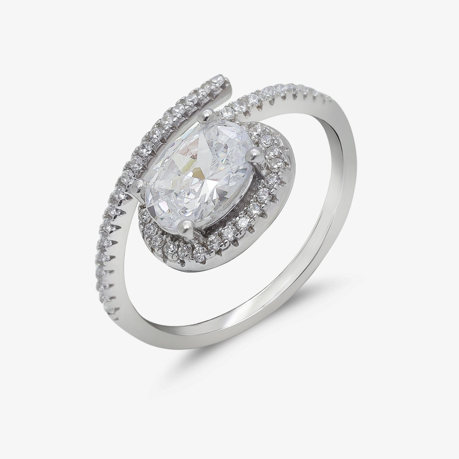 Round Cut Diamond Studded Spiral Silver Ring