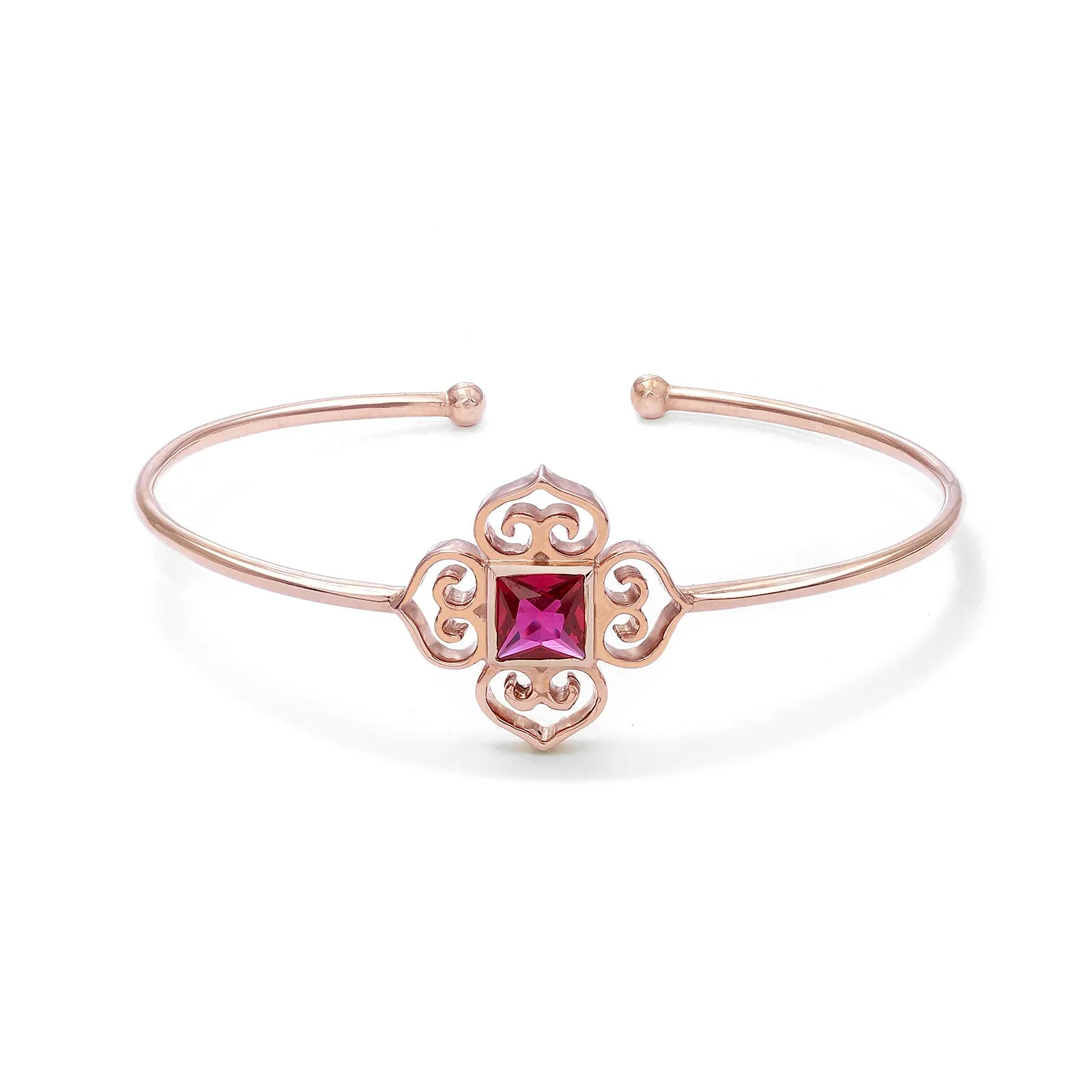Rose Gold Pink Stone Floral Silver Cuff Bracelet