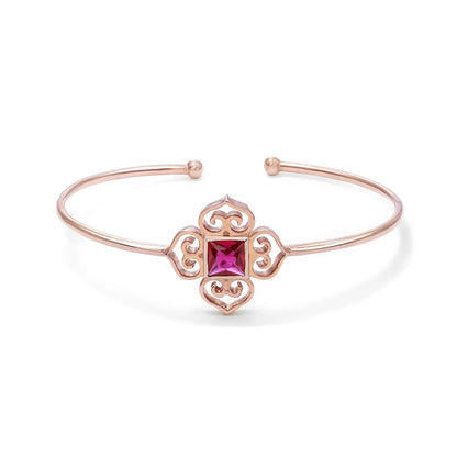 Rose Gold Pink Stone Floral Silver Cuff Bracelet