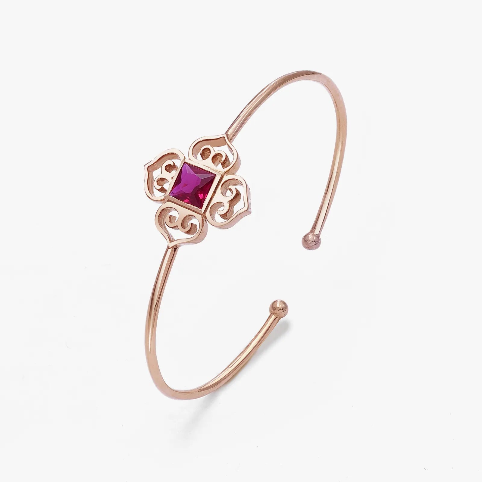 Rose Gold Pink Stone Floral Silver Cuff Bracelet