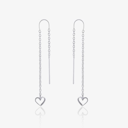 Heart Design Long Chain Silver Earrings