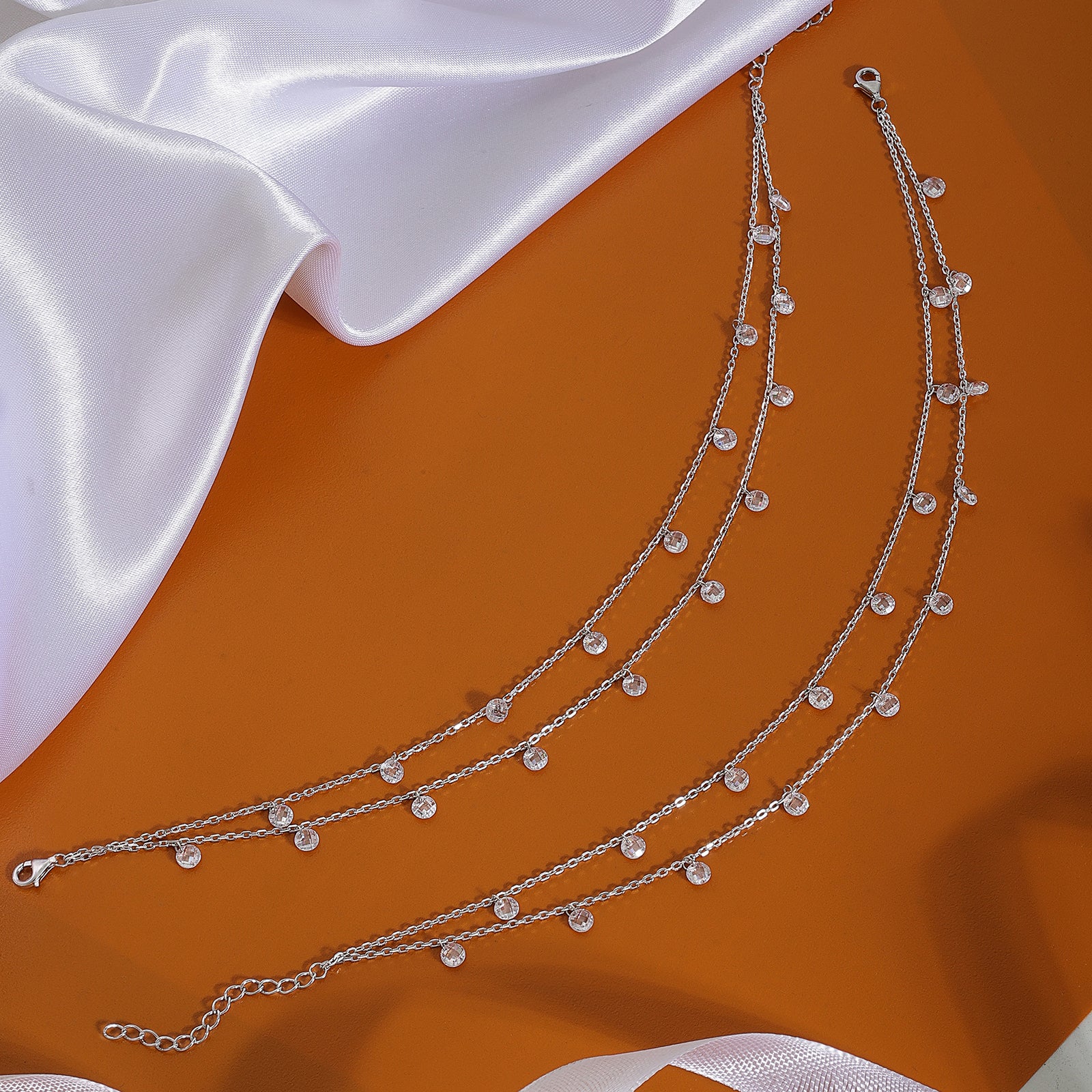 925 Sterling Silver Double Layer Cz Silver Anklet - Tweov Jewels