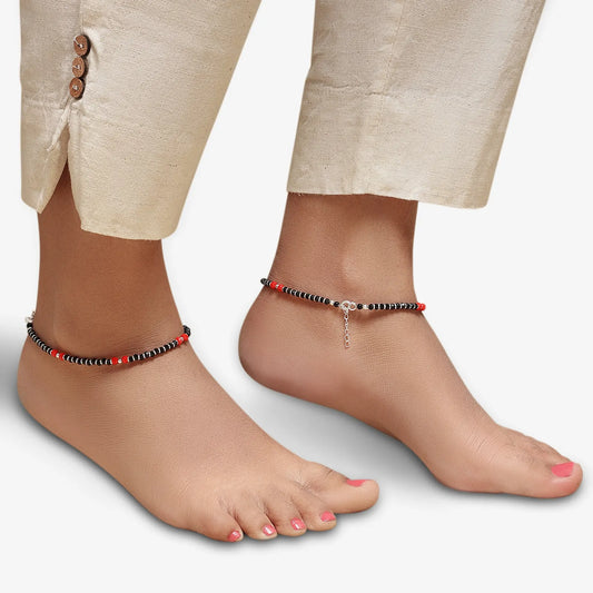 Beaded Red & Black Silver Anklet - Tweov Jewels