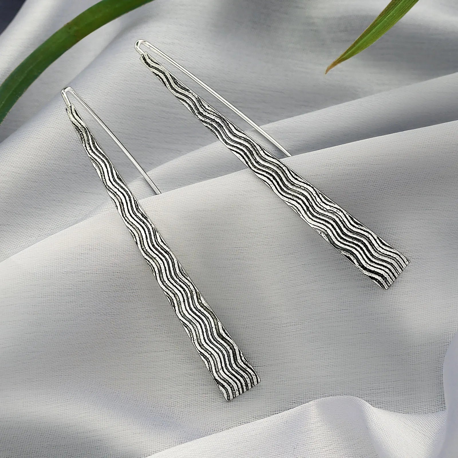 Oxidized Silver Long Bar Dangle Earrings for Women - Tweov Jewels