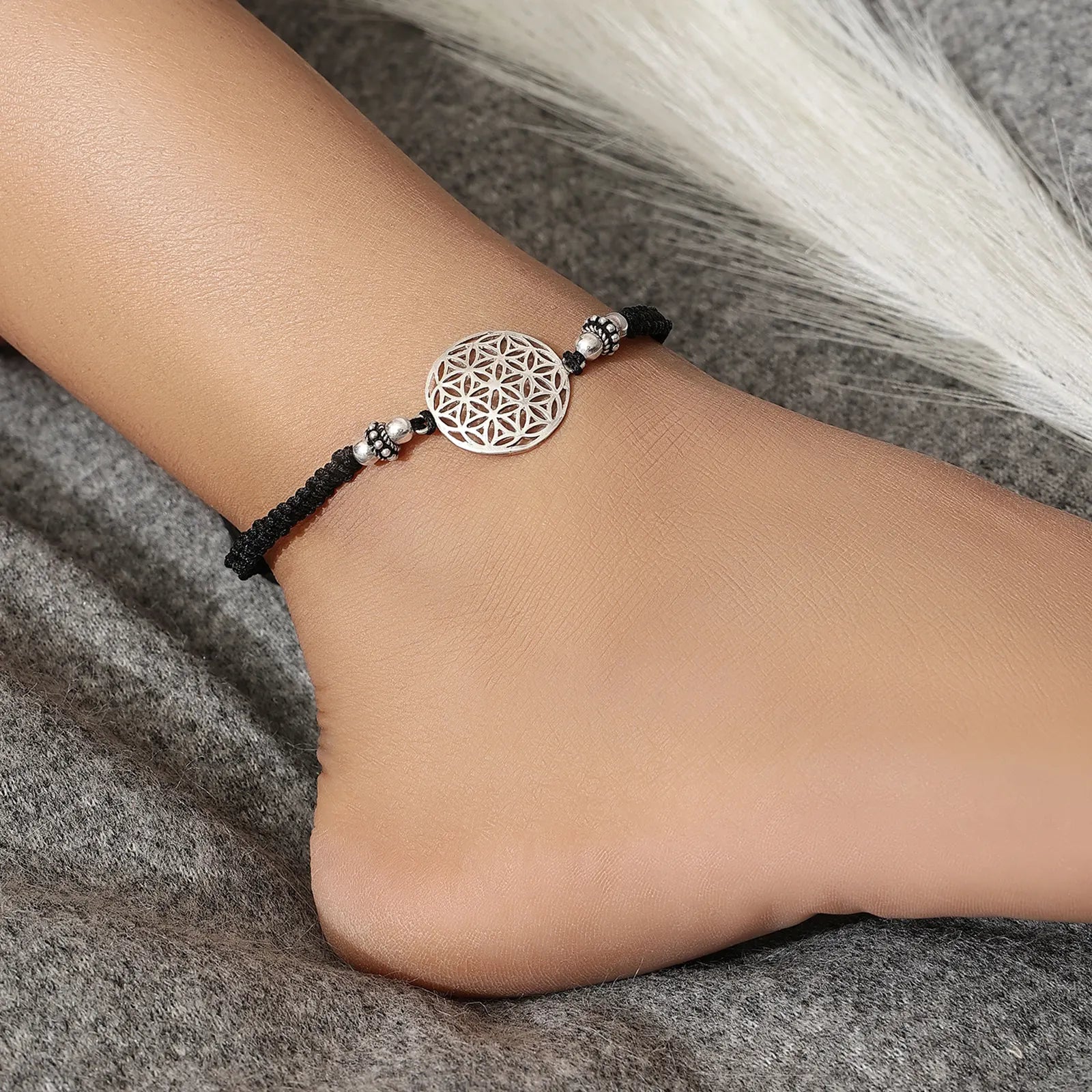 Silver Mandala Black Thread Anklet - Tweov Jewels