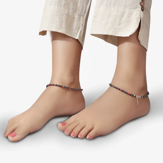 Trendy Red & Black Beads Silver Anklet - Tweov Jewels