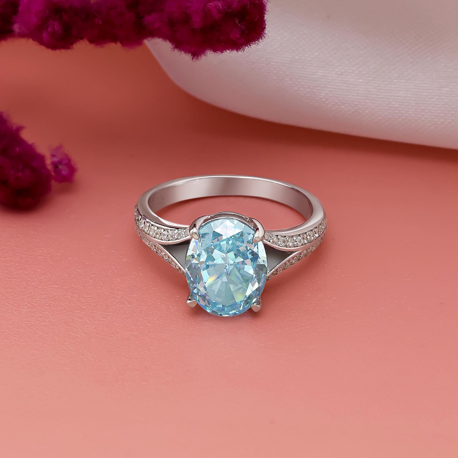 Oval Cut Sky Blue Diamond Silver Ring - Tweov Jewels