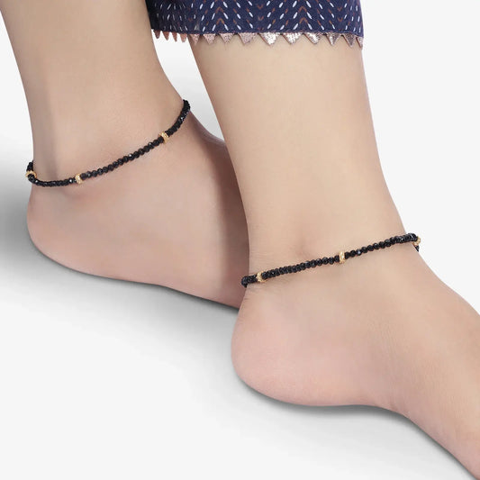 Golden & Black Beads Silver Anklet - Tweov Jewels