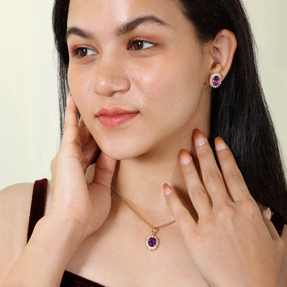 Gold-Plated Purple Color Stone Pendant & Earrings Set