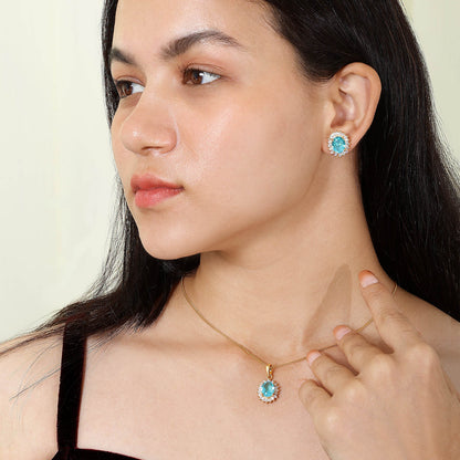 Gold Plated Silver Sky Blue Stone Studded Pendant & Earrings Set - Tweov Jewels