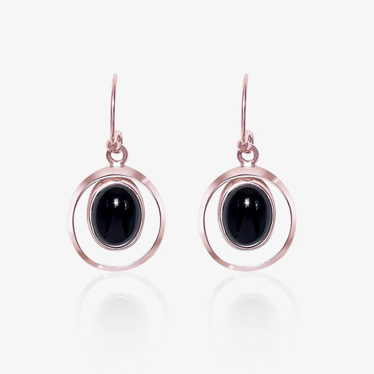 Pure Silver Earrings - Black Onyx Drop With Rose Gold Finish