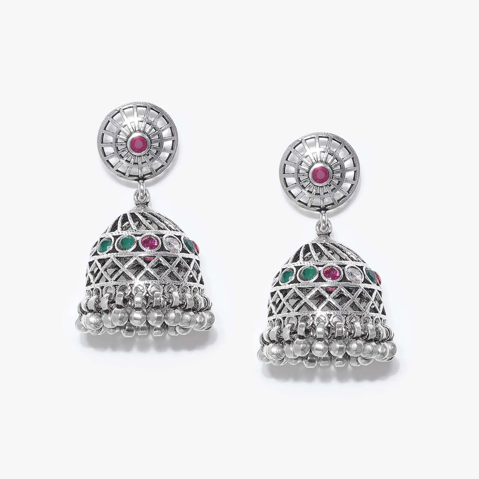 Pink & Green Stone Silver Jhumka Earrings - Tweov Jewels