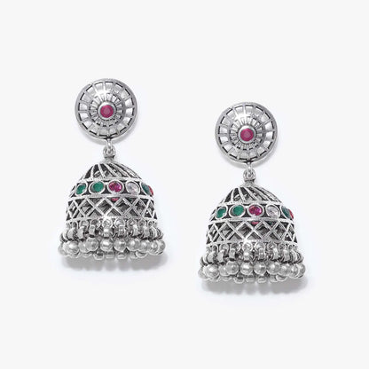 Pink & Green Stone Silver Jhumka Earrings - Tweov Jewels