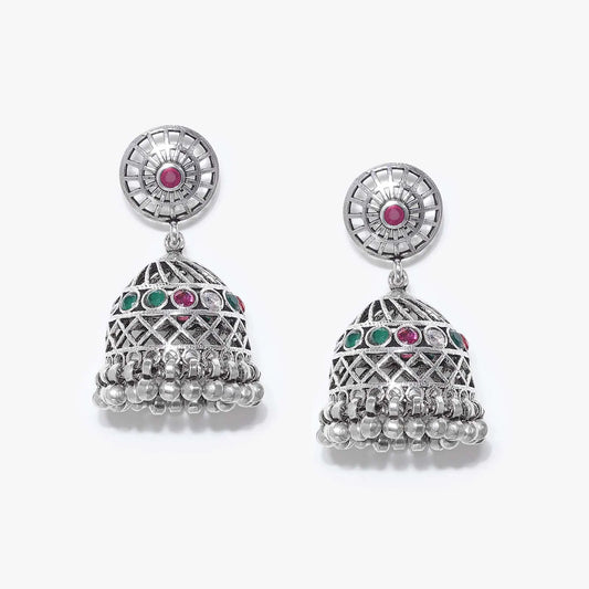 Pink & Green Stone Silver Jhumka Earrings - Tweov Jewels