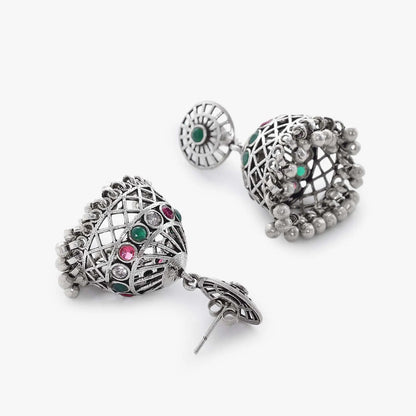 Pink & Green Stone Silver Jhumka Earrings - Tweov Jewels