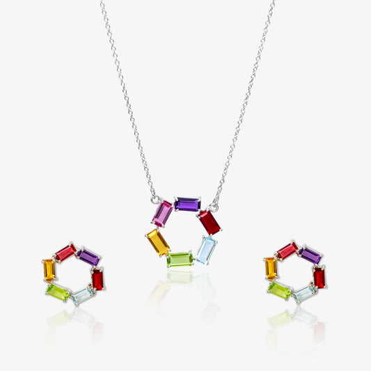 Silver Multicolor Gemstone Pendant Set & Earrings