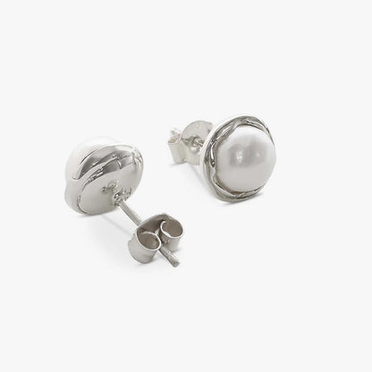 Silver Round White Pearl Stud Earrings