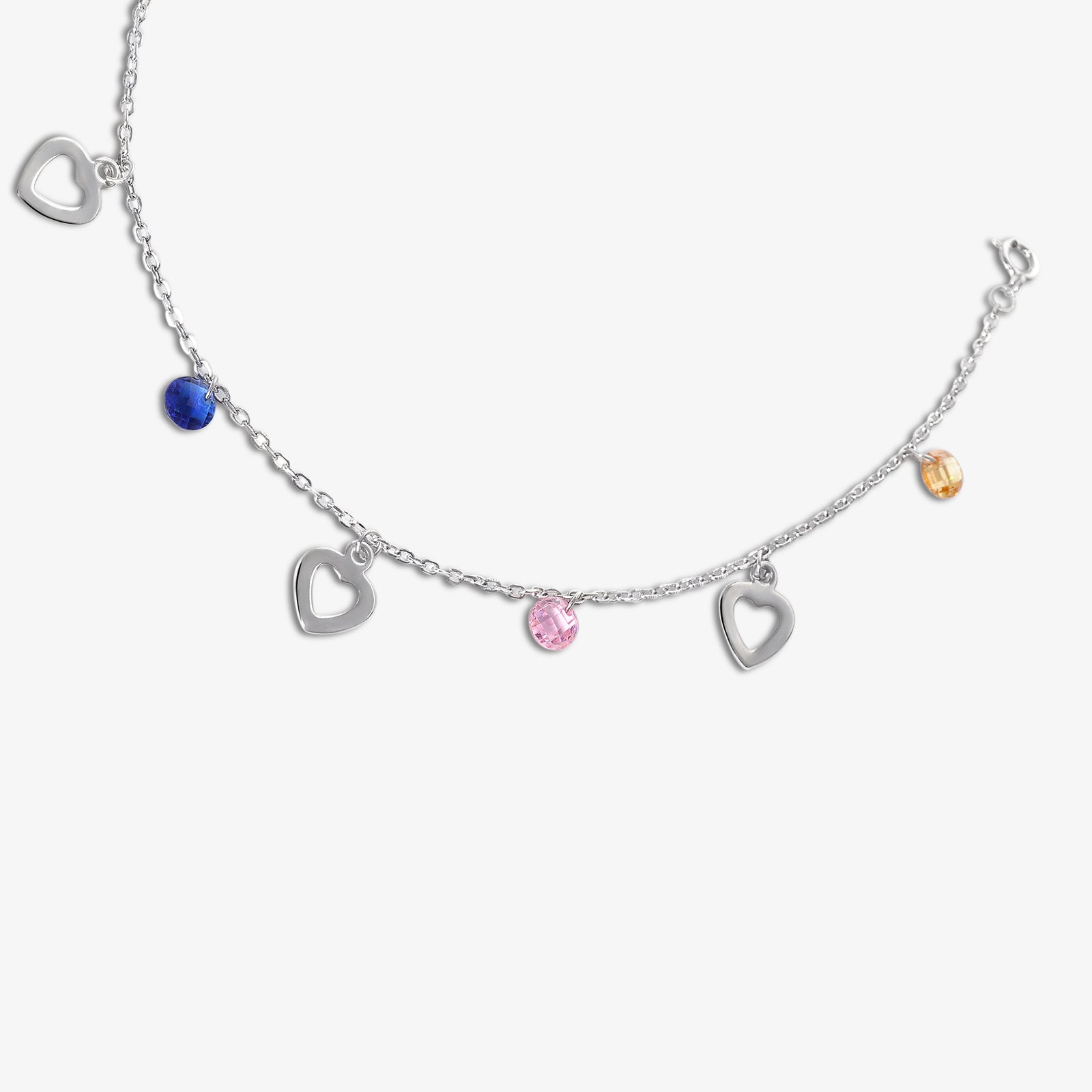 Multicolor Heart Design Gems Beaded Silver Anklet - Tweov Jewels