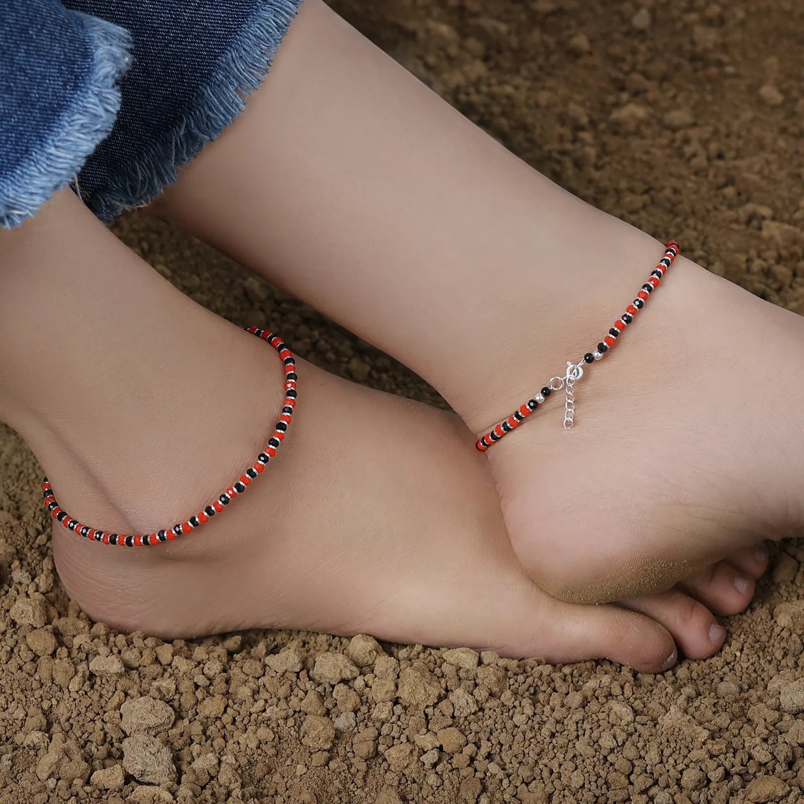 Red & Black Beads Silver Anklet - Tweov Jewels