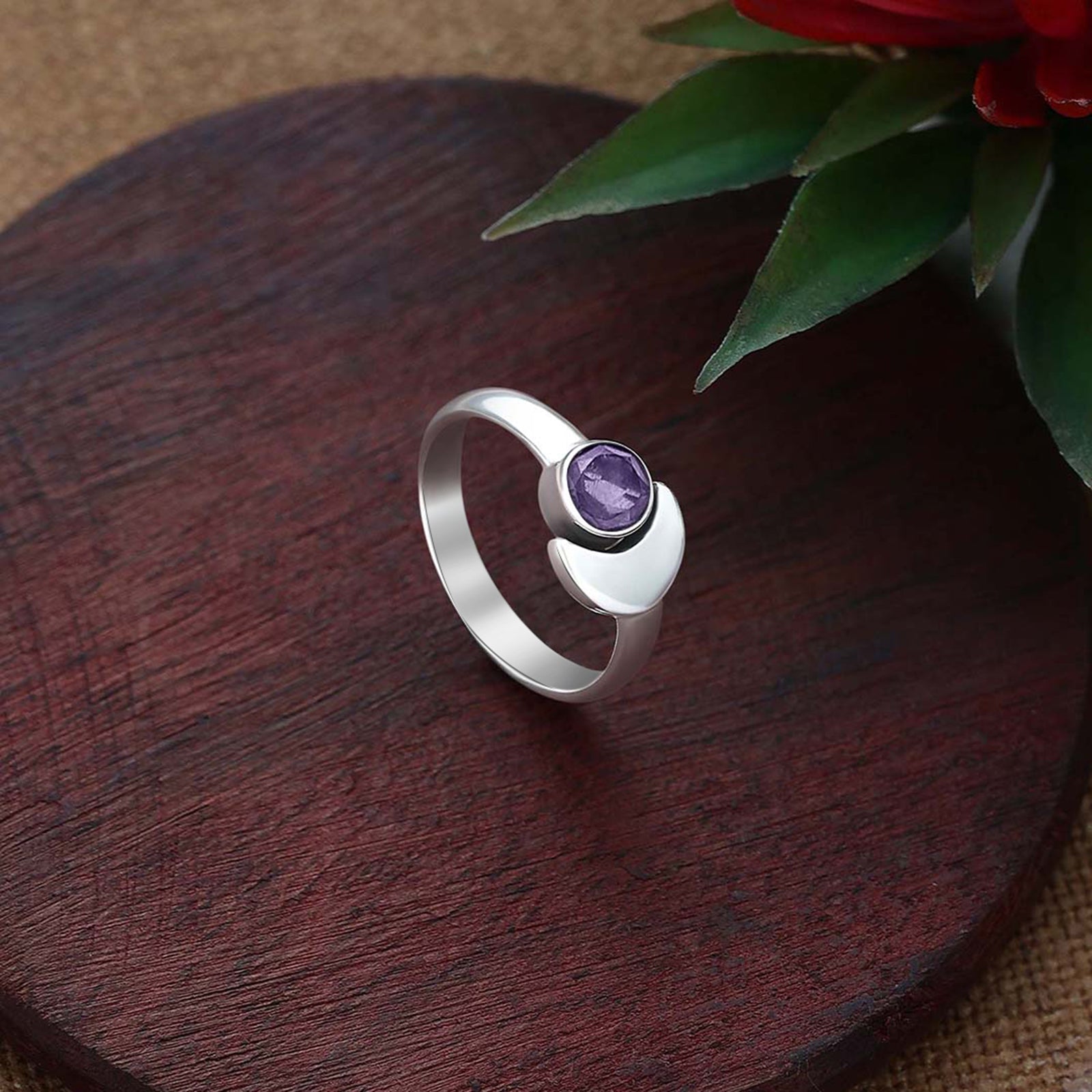 Silver Crystal Half Moon-Shaped Ring
