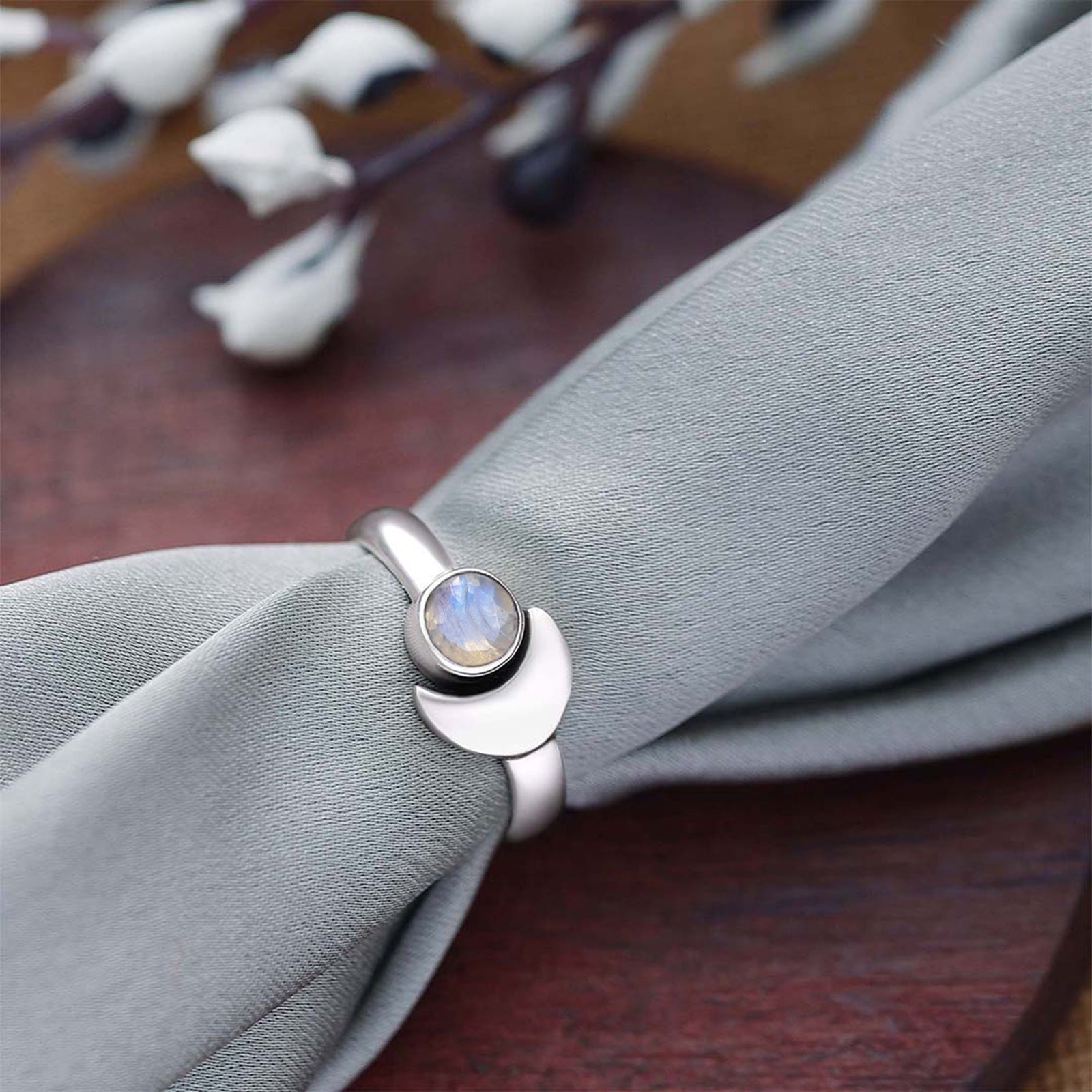 Silver Blue Stone Crescent Moon Ring