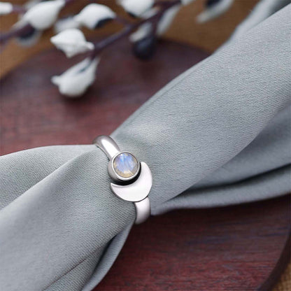 Silver Blue Stone Crescent Moon Ring
