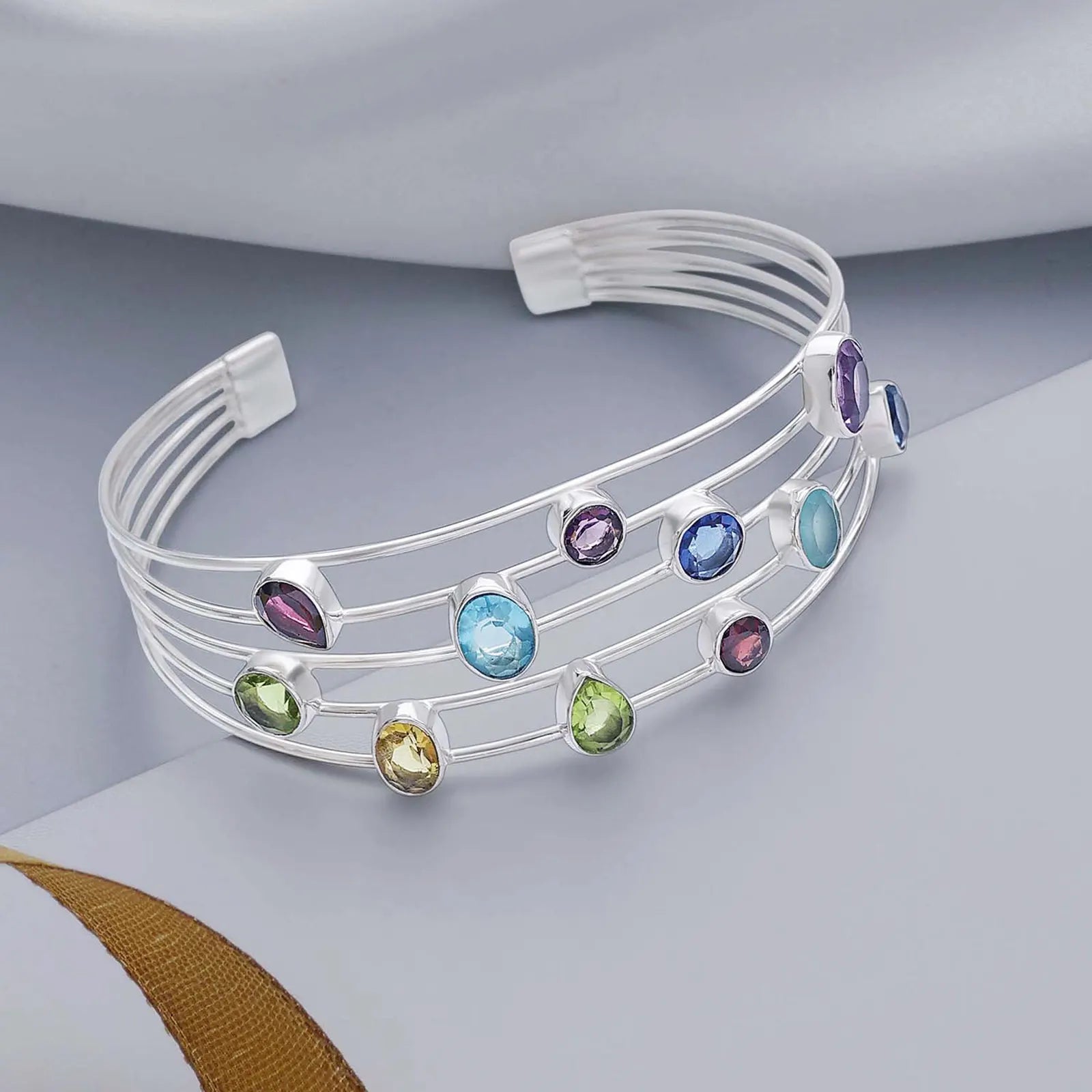 Designer Multicolor Silver Cuff Bracelet - Tweov Jewels