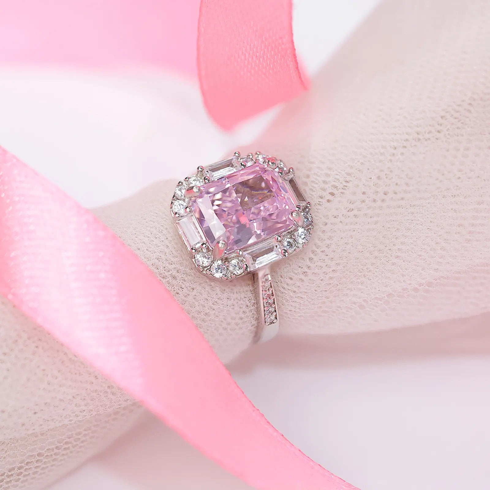 Pink Emerald Cut Diamond Studded Silver Ring - Tweov Jewels