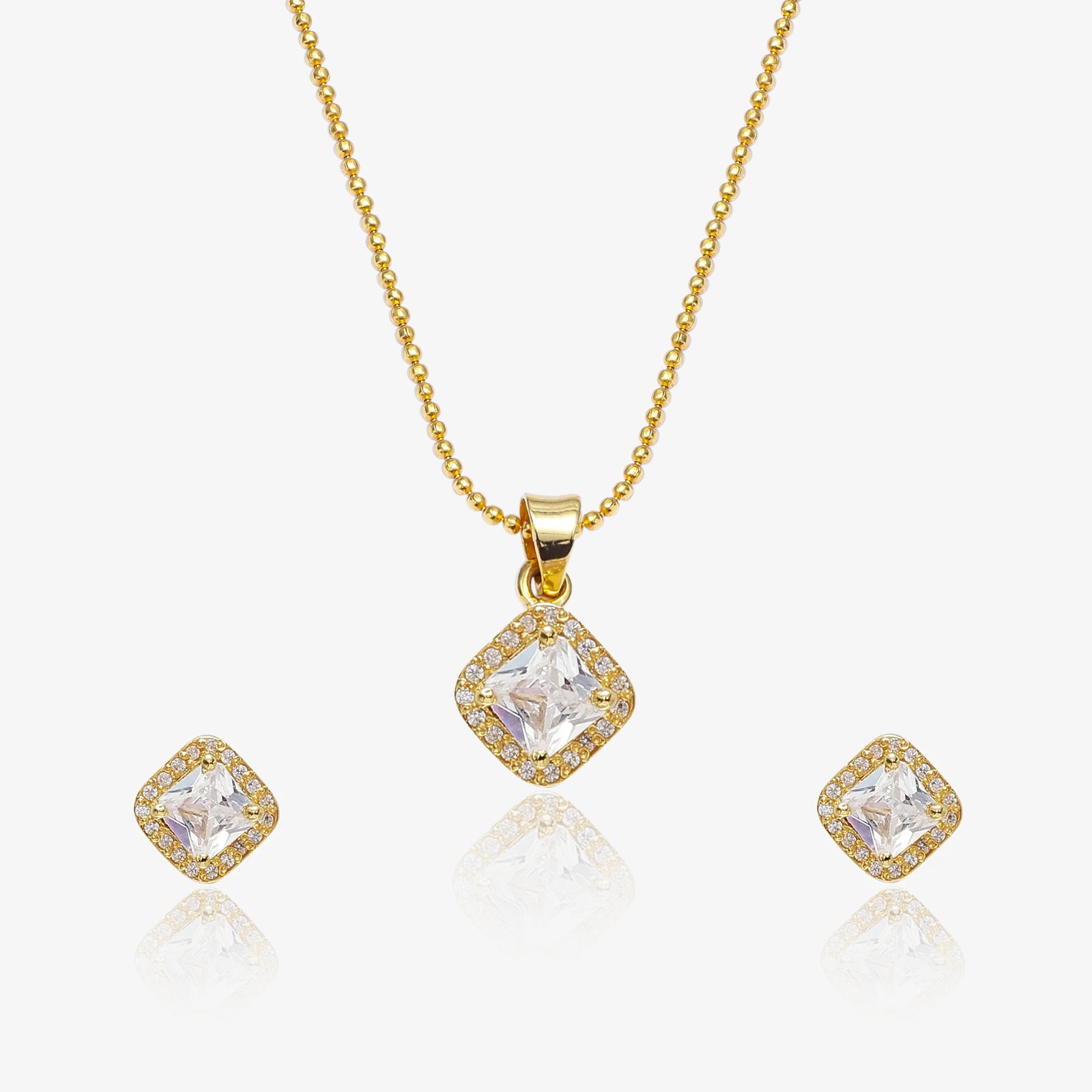 Gold Plated Square Cut AD Silver Pendant & Earrings Set