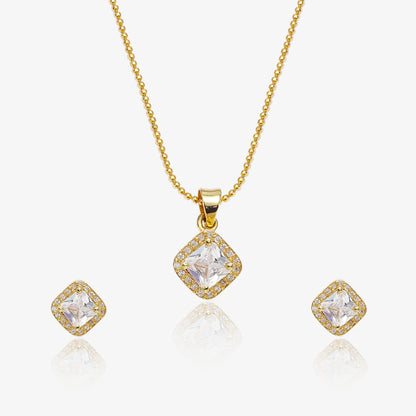 Gold Plated Square Cut AD Silver Pendant & Earrings Set