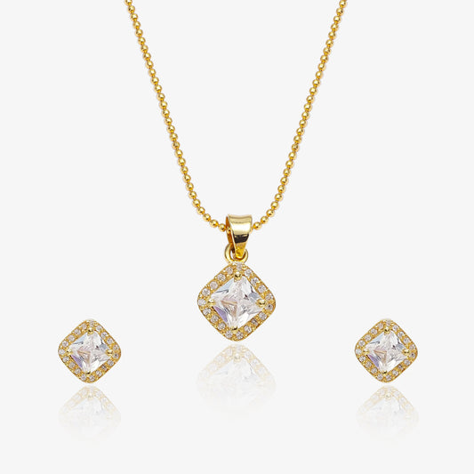 Gold Plated Square Cut AD Silver Pendant & Earrings Set