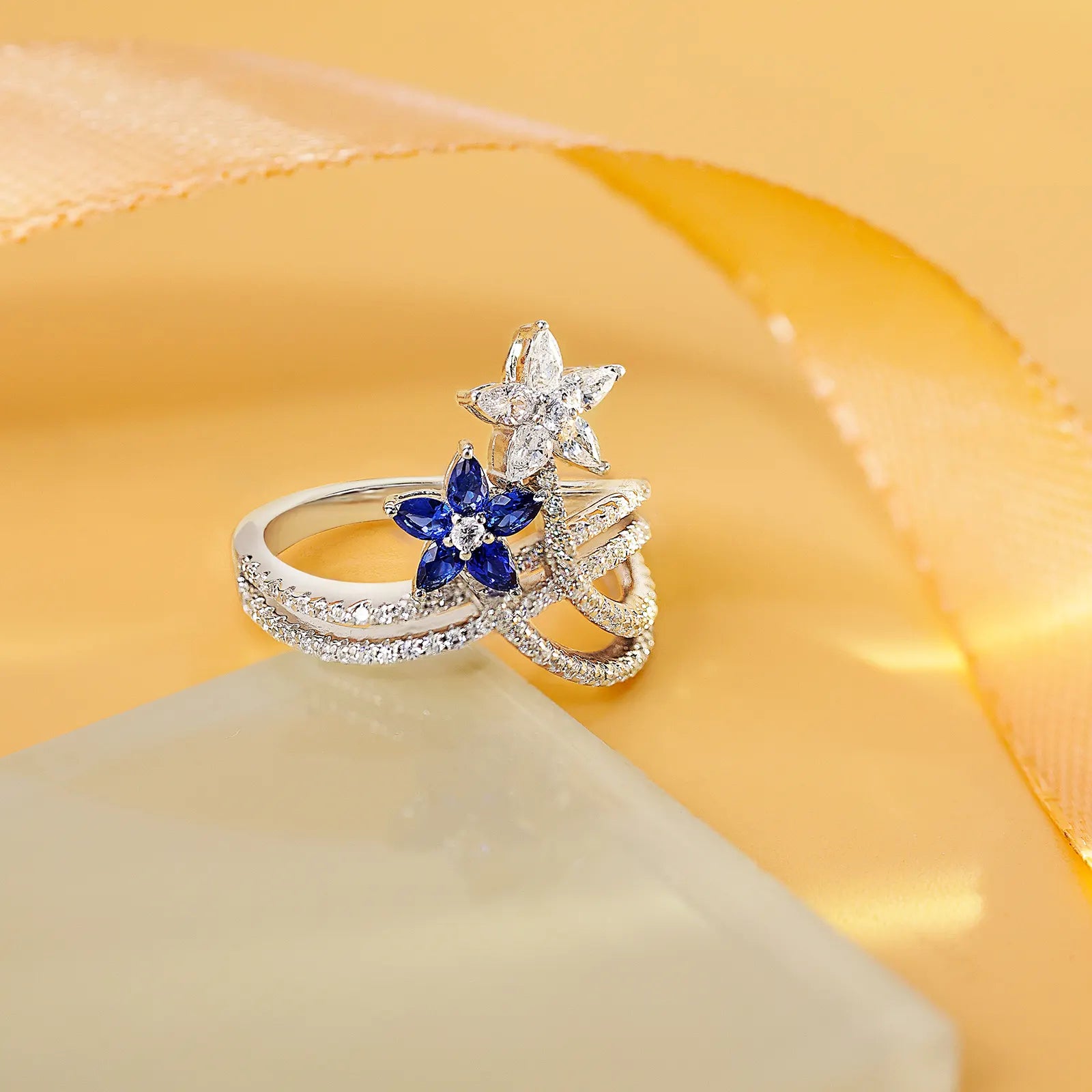 Sapphire & CZ Dual Floral Ring For Women – 925 Sterling Silver Rhodium Plated