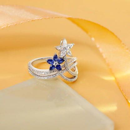 Sapphire & CZ Dual Floral Ring For Women – 925 Sterling Silver Rhodium Plated