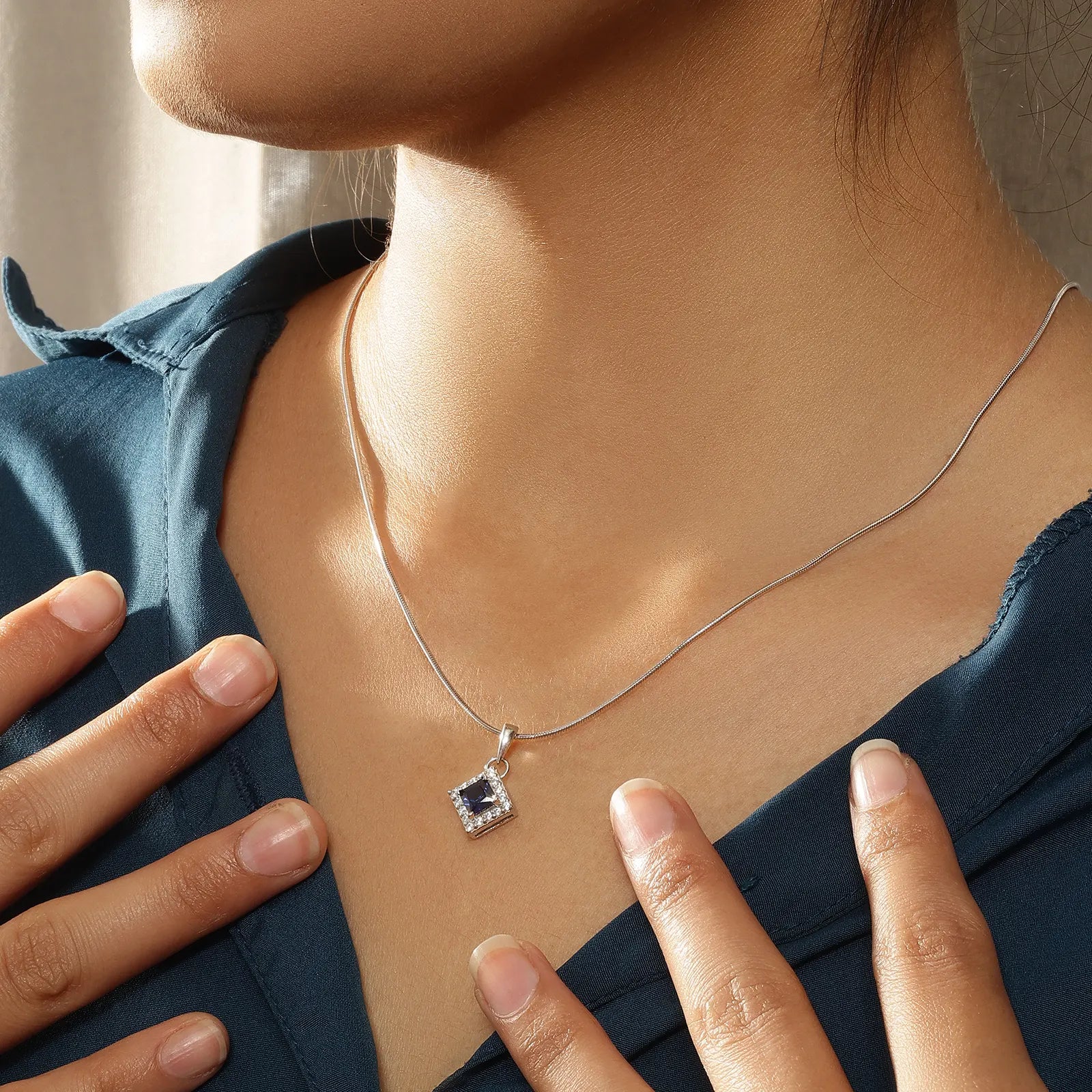 Sapphire Blue CZ Pendant Chain For Women – 925 Sterling Silver Rhodium Plated