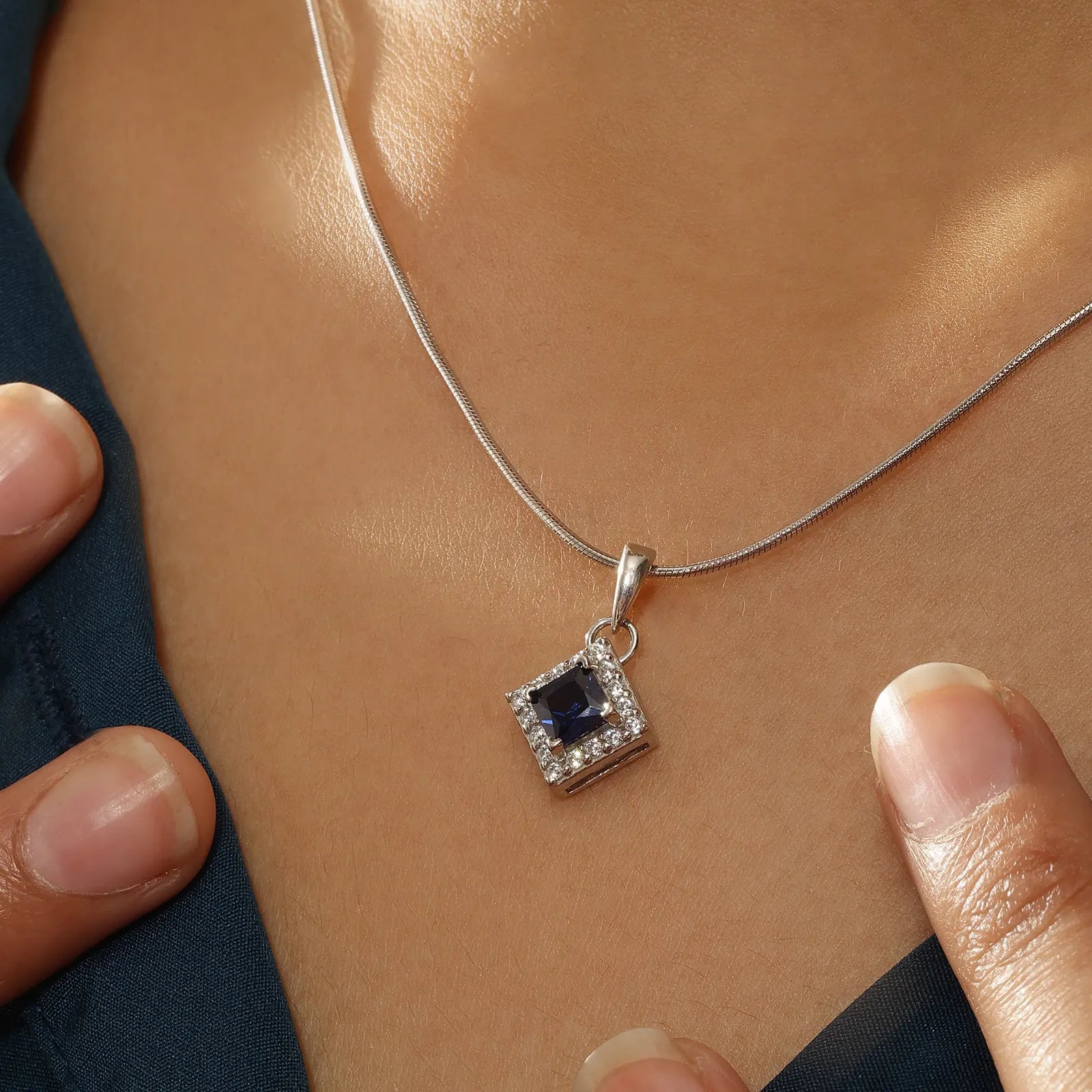 Sapphire Blue CZ Pendant Chain For Women – 925 Sterling Silver Rhodium Plated