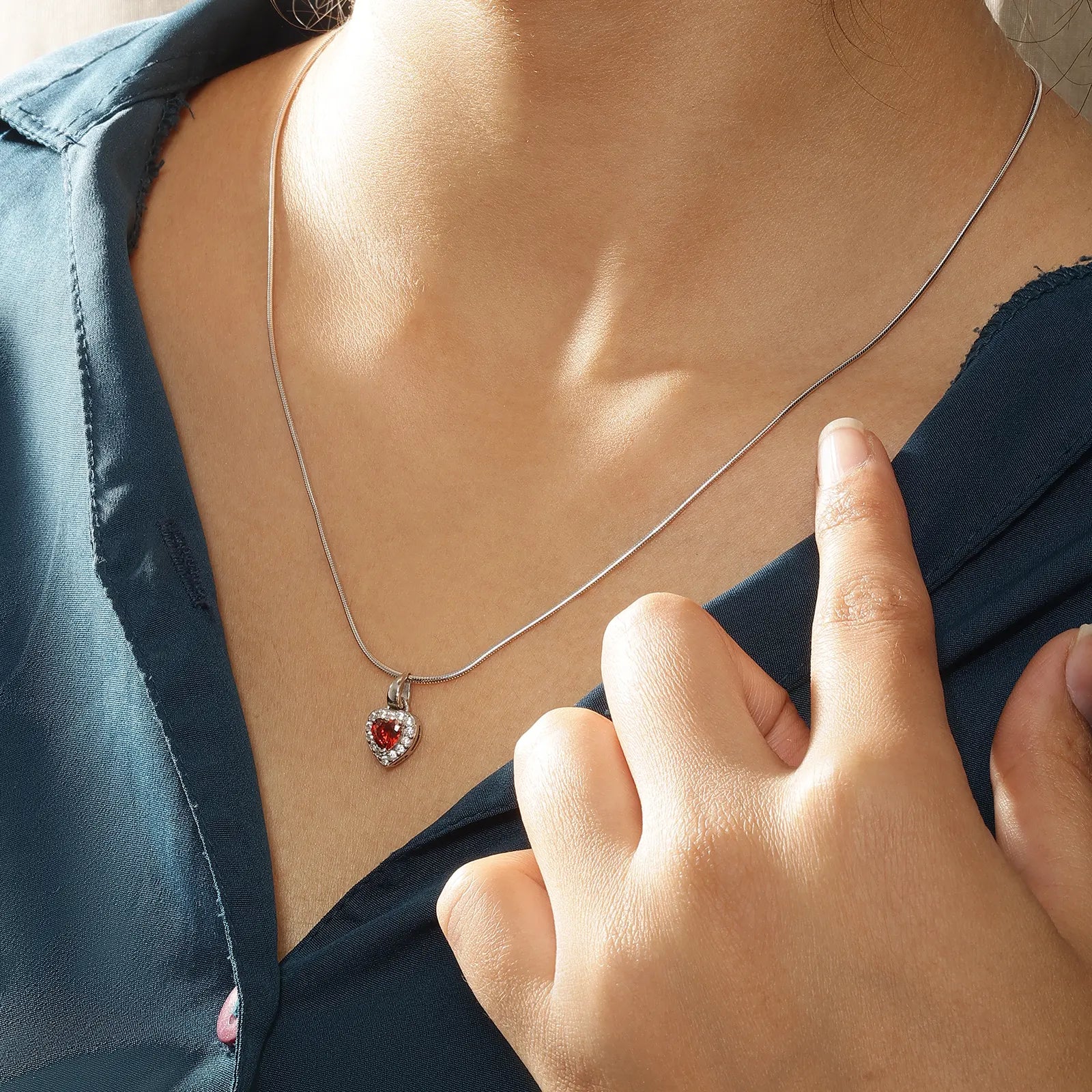 Ruby Red Heart Pendant Chain For Women – 925 Sterling Silver Rhodium Plated