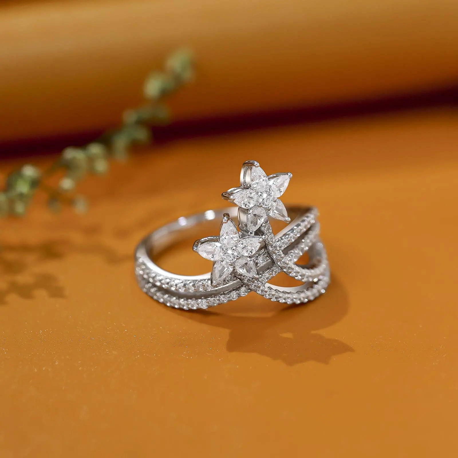 White Dual Floral CZ Ring For Women – 925 Sterling Silver Rhodium Plated