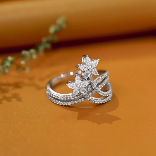 White Dual Floral CZ Ring For Women – 925 Sterling Silver Rhodium Plated