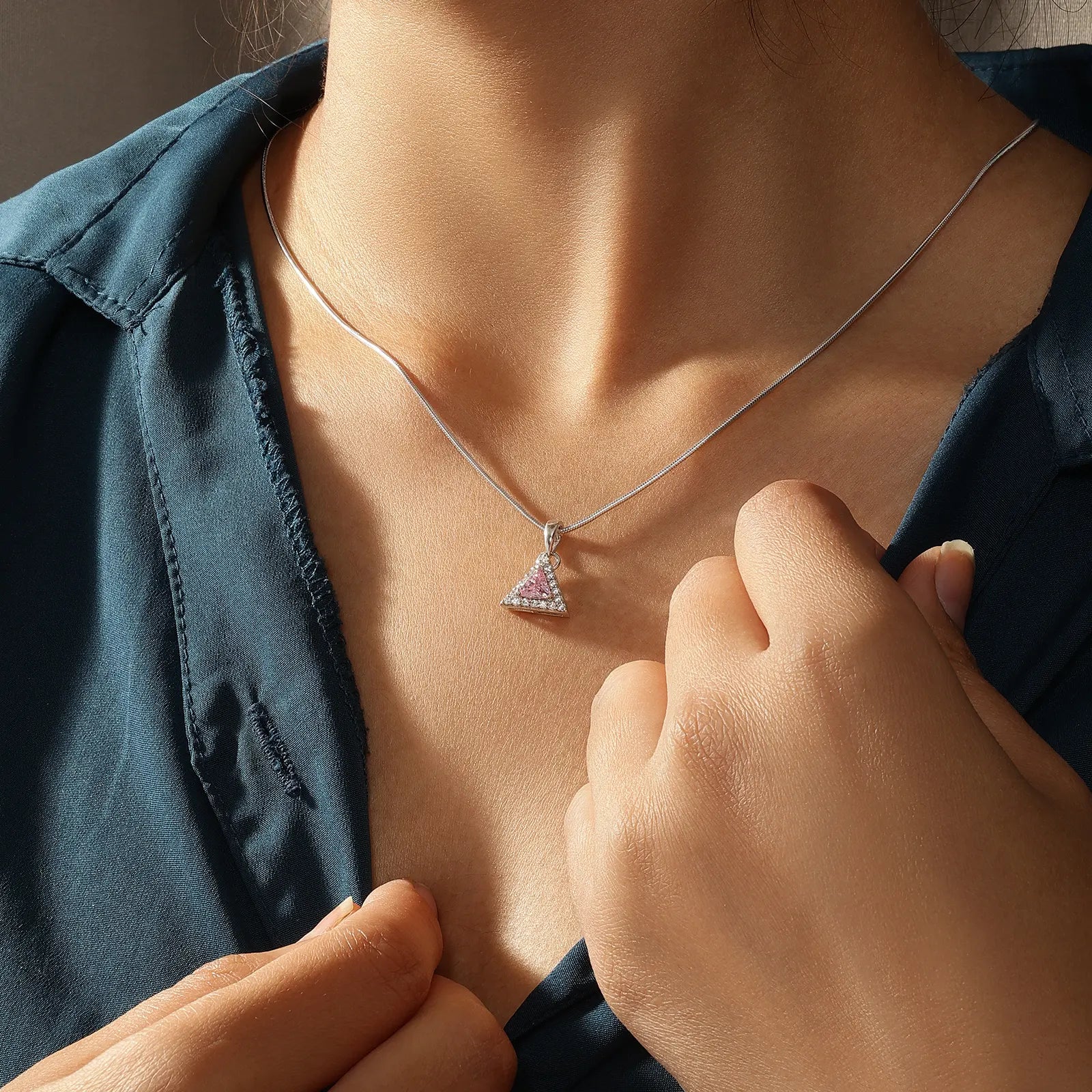 Pink Trillion Cut Pendant Chain For Women – 925 Sterling Silver Rhodium Plated
