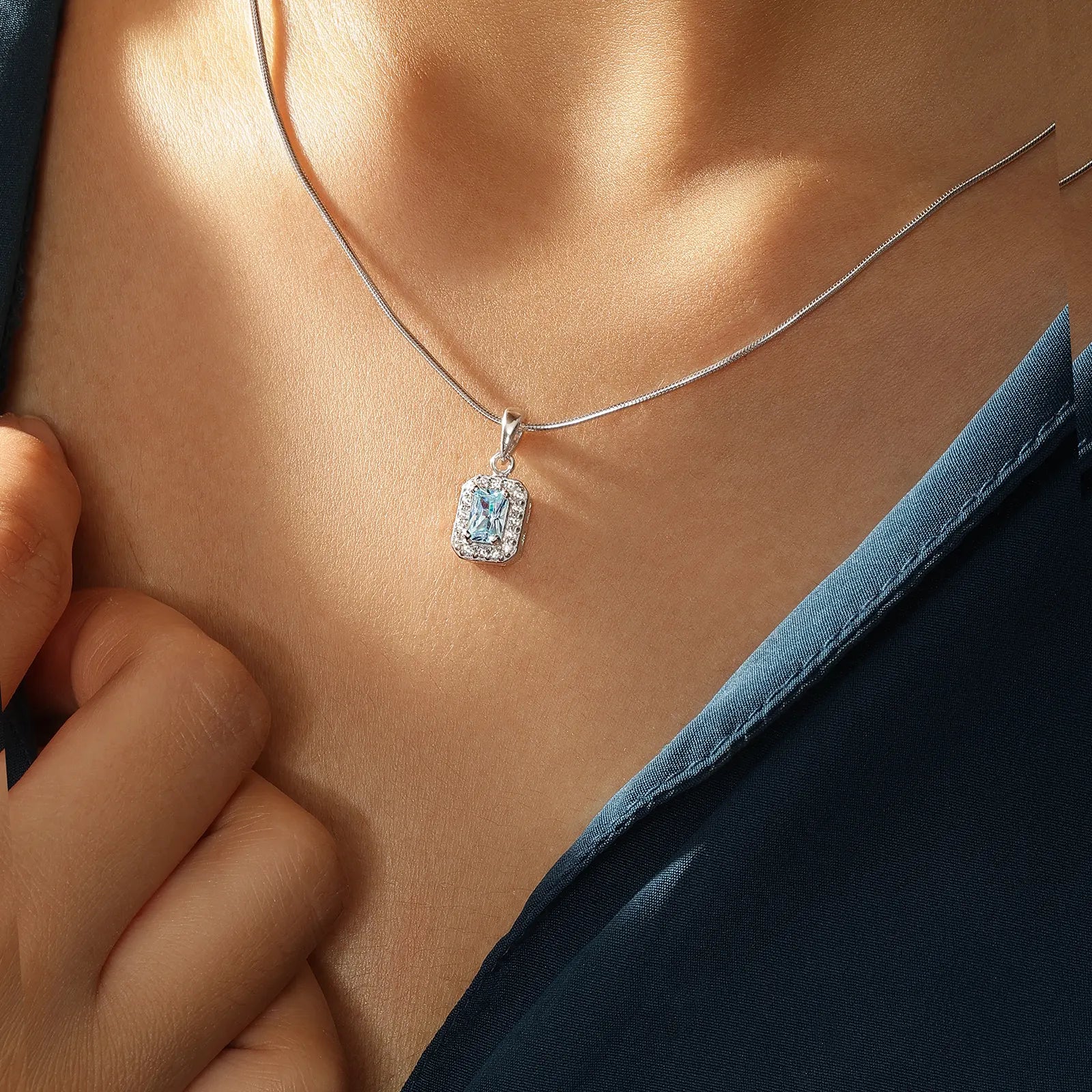 Aqua Blue Emerald Cut Pendant Chain For Women – 925 Sterling Silver Rhodium Plated