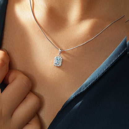 Aqua Blue Emerald Cut Pendant Chain For Women – 925 Sterling Silver Rhodium Plated
