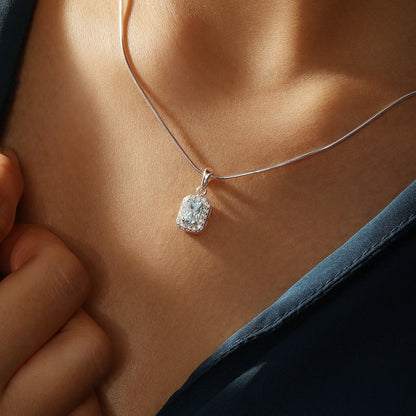 Aqua Blue Emerald Cut Pendant Chain For Women – 925 Sterling Silver Rhodium Plated