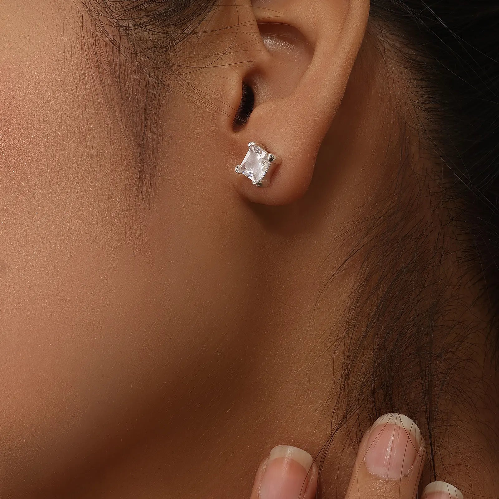Square Solitaire Stud Earrings for Women – 925 Sterling Silver Rhodium Plated