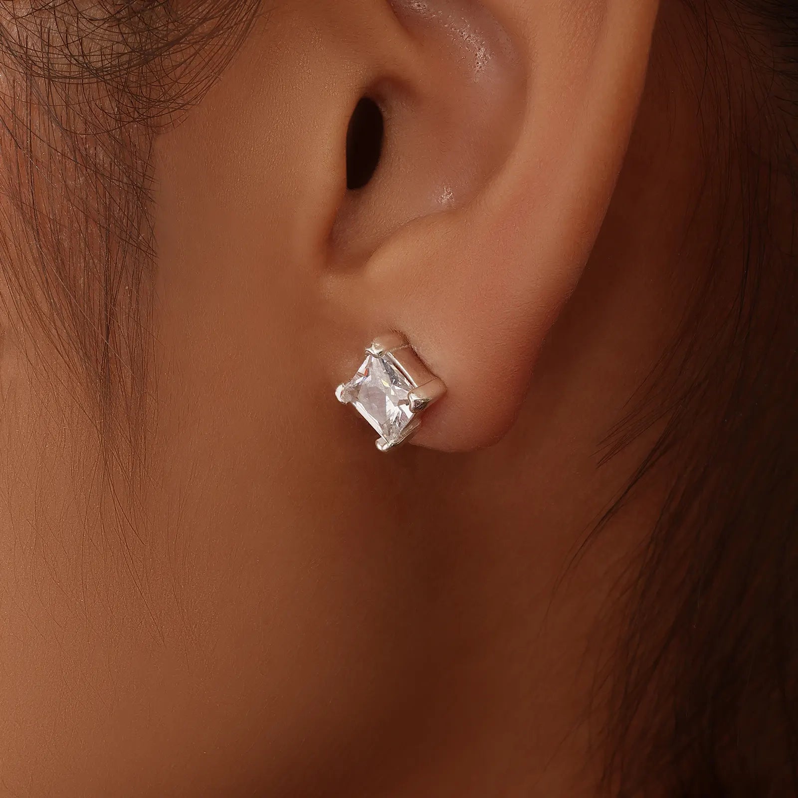 Square Solitaire Stud Earrings for Women – 925 Sterling Silver Rhodium Plated