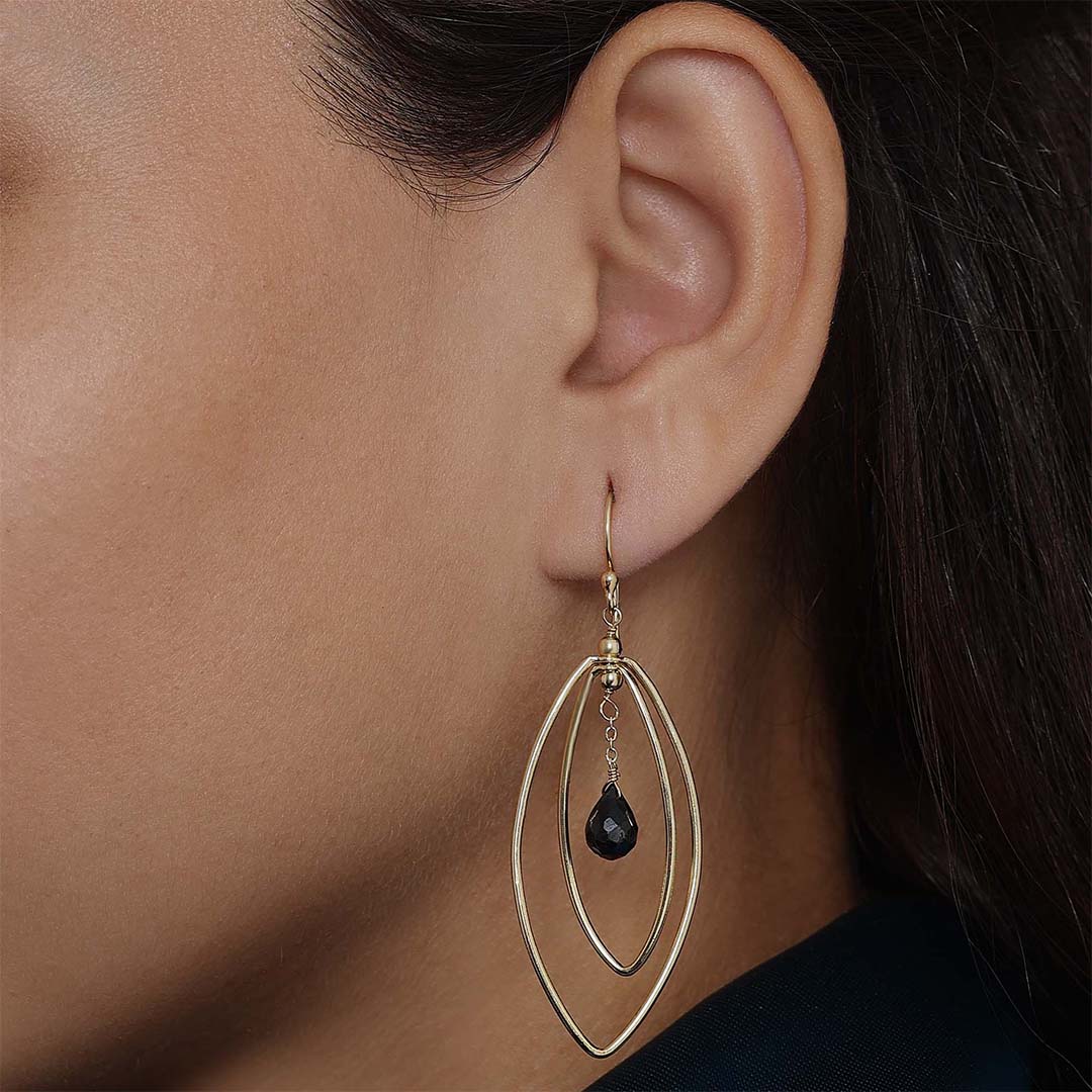 Pure Silver Earrings - Long Black Onyx Danglers With Gold Finish - Tweov Jewels