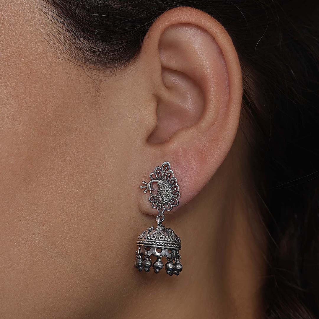 Silver bollywood jhumka earrings - Oxidised Peacock Engraved Jhumka - Tweov Jewels