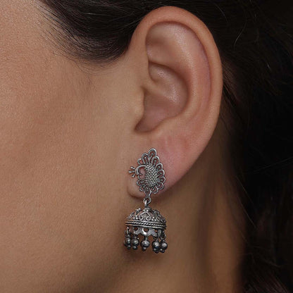 Silver bollywood jhumka earrings - Oxidised Peacock Engraved Jhumka - Tweov Jewels