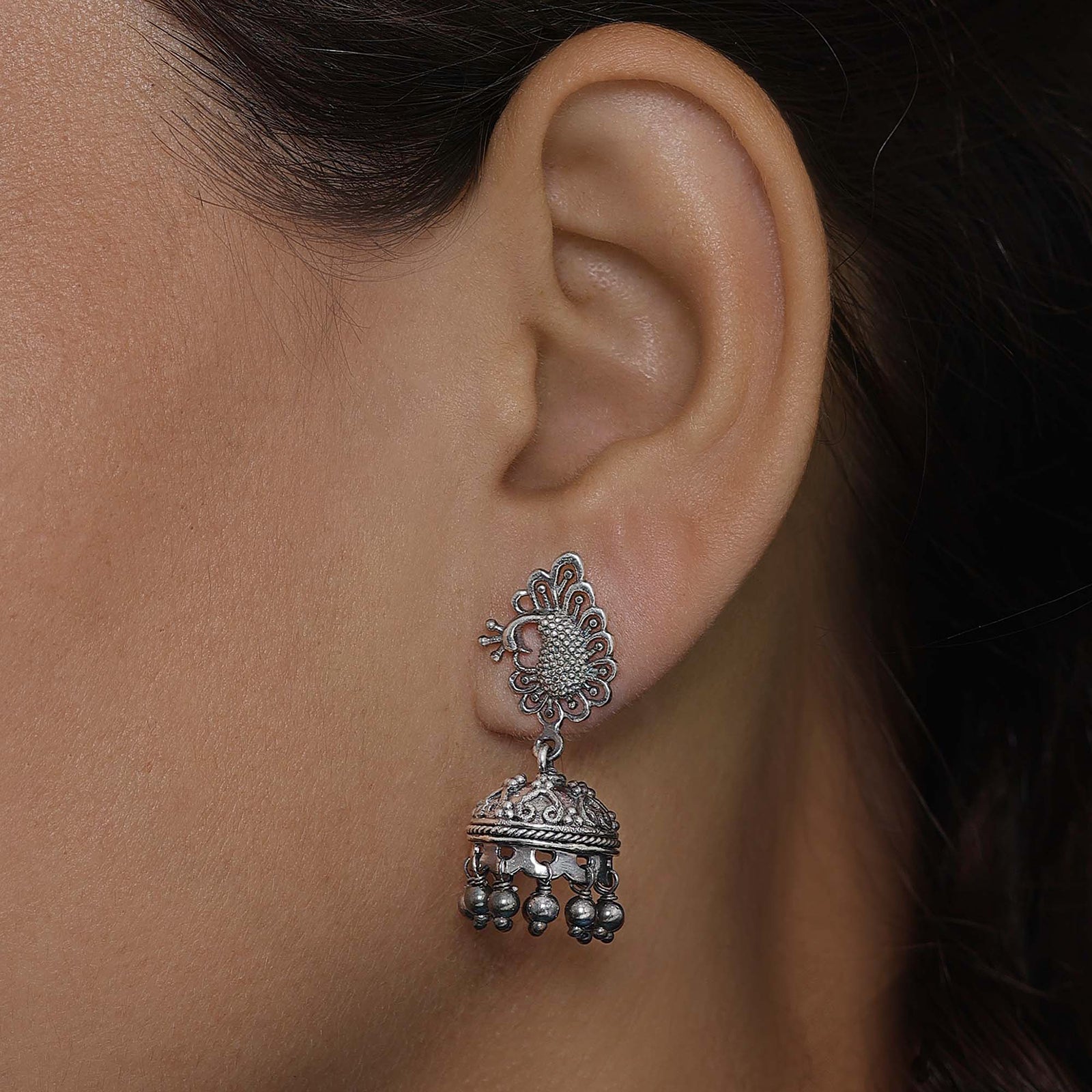Silver bollywood jhumka earrings - Oxidised Peacock Engraved Jhumka